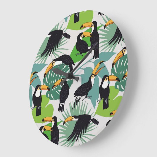 Toucan Bird: Palm Blätter Pattern Große Wanduhr (Winkel)