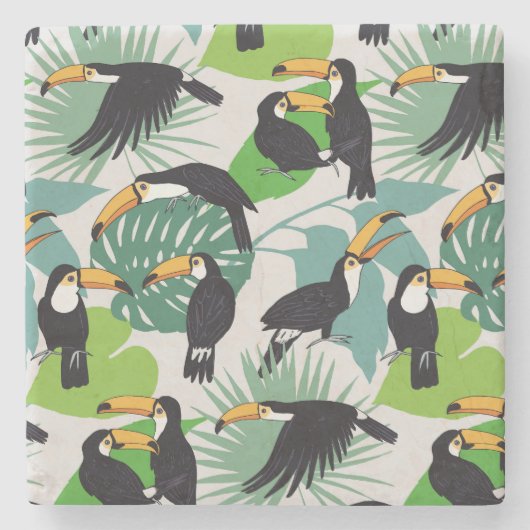 Toucan Bird: Palm Blätter Pattern Steinuntersetzer (Vorderseite)
