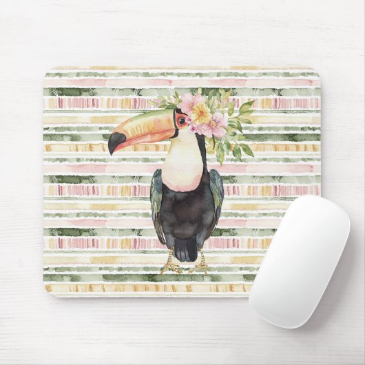 Toucan Bird Pink Green Stripes Mousepad (Mit Mouse)