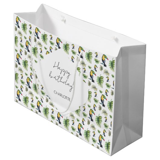 Toucan Exotic Monstera Aquarellbilder Große Geschenktüte (Vorderseite Schrägansicht)