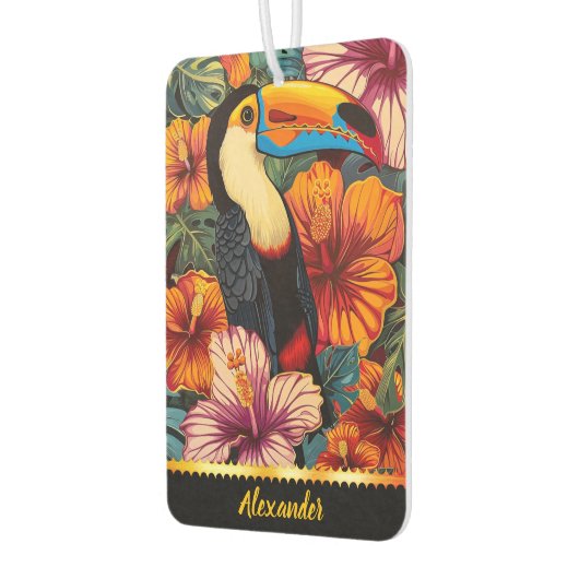 Toucan Papagei inmitten lebendiger tropischer Blum Autolufterfrischer (Links)