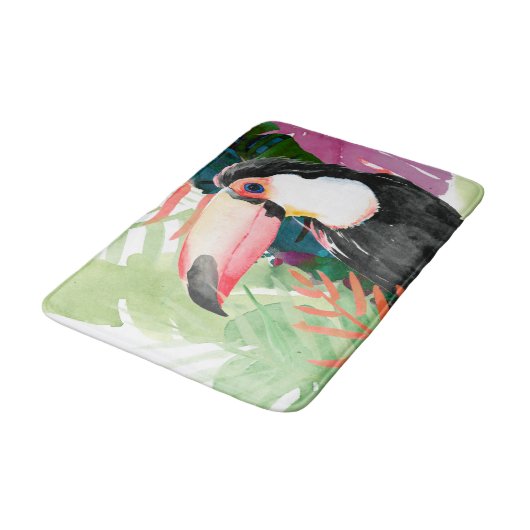 Toucan Portrait mit tropischen Blätter Badematte (Schrägansicht)