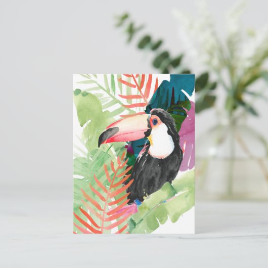 Toucan Portrait mit tropischen Blätter Postkarte (Stehend Vorderseite)
