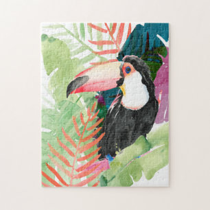 Toucan Portrait mit tropischen Blätter Puzzle