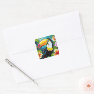 Toucan Tropical Bird und Hibiskus Blume farbenfroh Quadratischer Aufkleber