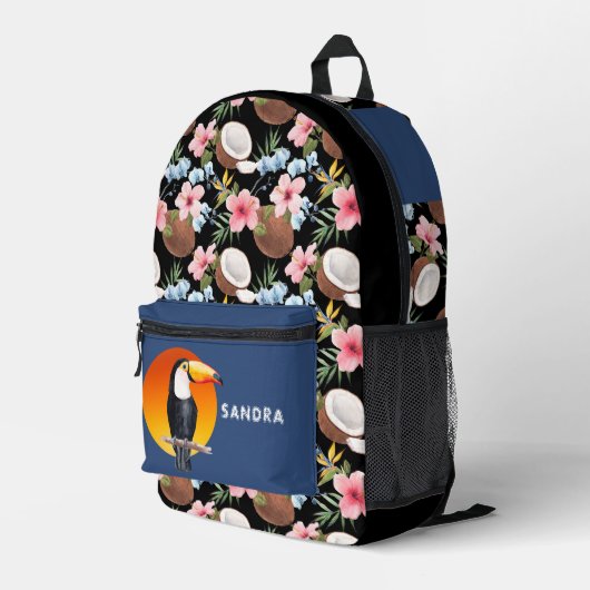Toucan Tropical Floral and Coconut Bedruckter Rucksack (Rückseitige Ecke Rechts)