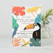 Toucan Tropical Leaf Moderner 1. Geburtstag Einladung (Stehend Vorderseite)