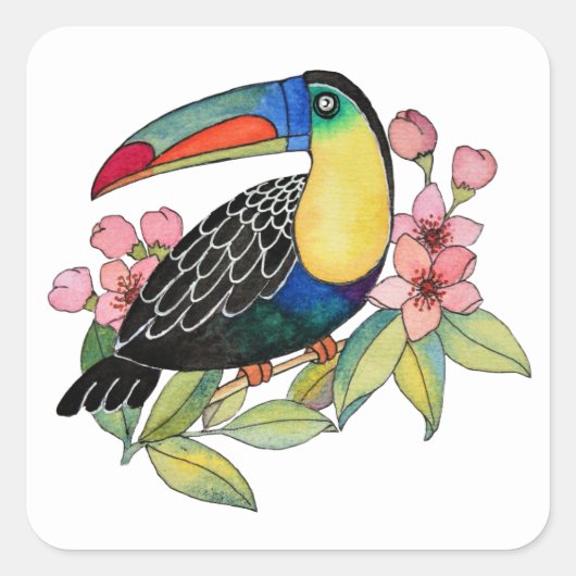 Toucan-Vogel mit Blume Quadratischer Aufkleber (Vorderseite)