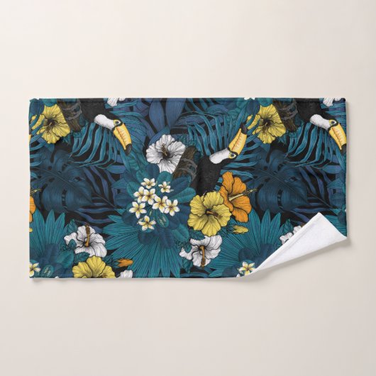 Toucans and tropical flora, blue , yellow , orange badhandtuch set (Handtuch)