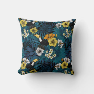 Toucans and tropical flora, blue , yellow , orange kissen