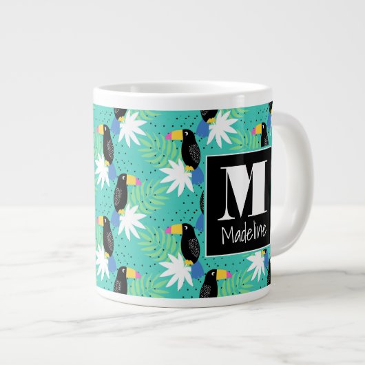 Toucans auf Aquamarinen| Monogramm Jumbo-Tasse (Vorderseite Rechts)