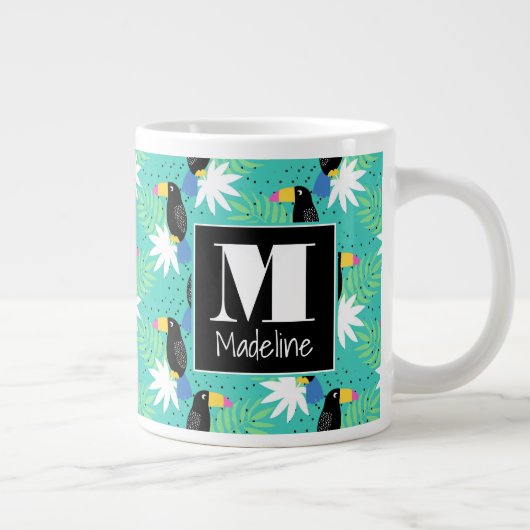 Toucans auf Aquamarinen| Monogramm Jumbo-Tasse (Rechts)