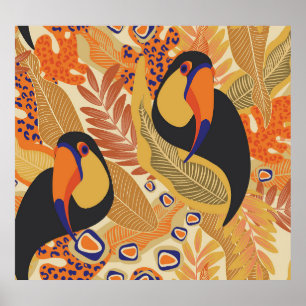 Toucans auf Ästen, nahtlos tropisches Muster. Poster