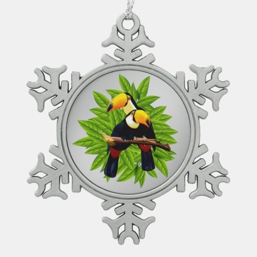 Toucans Exotic Birds on Silver Schneeflocken Zinn-Ornament (Vorderseite)