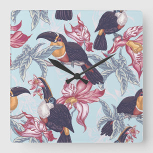 Toucans mit exotischen Blumen Quadratische Wanduhr