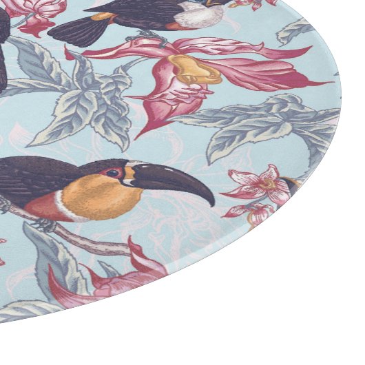 Toucans mit exotischen Blumen Schneidebrett (Ecke)