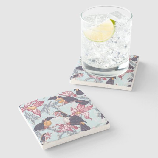 Toucans mit exotischen Blumen Steinuntersetzer (Seitenansicht)