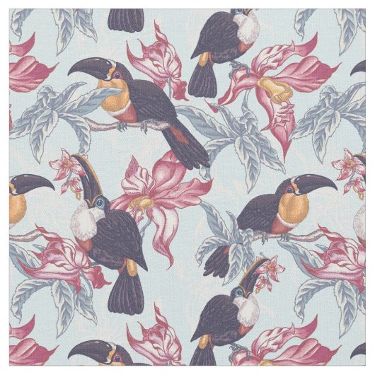 Toucans mit exotischen Blumen Stoff (Nahaufnahme)