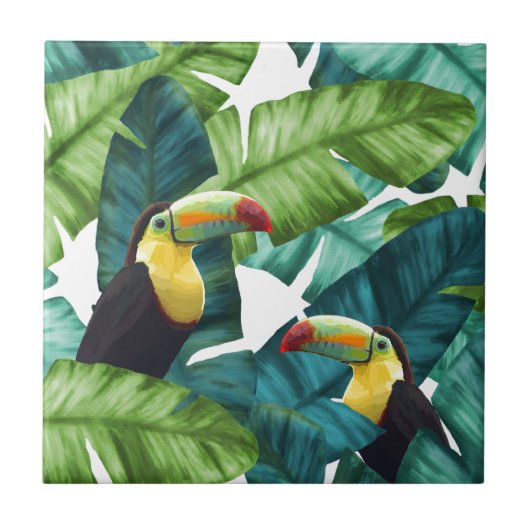 Toucans tropische Banane verlässt Muster Fliese (Vorderseite)