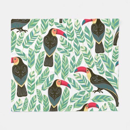Toucans, tropische Blätter, dekorative Muster. Fleecedecke (Vorderseite (Horizontal))