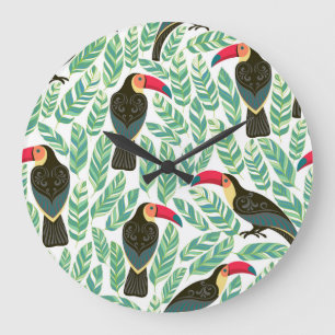 Toucans, tropische Blätter, dekorative Muster. Große Wanduhr