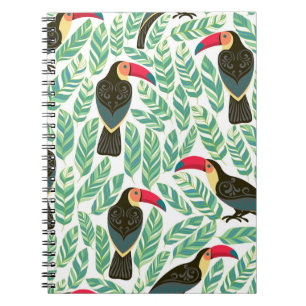 Toucans, tropische Blätter, dekorative Muster. Notizblock