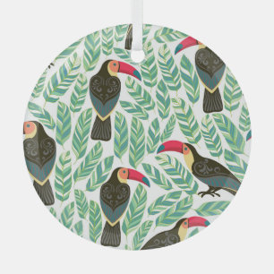 Toucans, tropische Blätter, dekorative Muster. Ornament Aus Glas