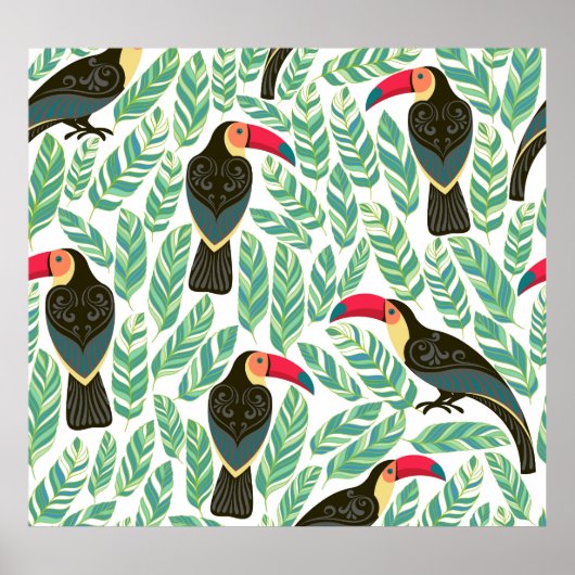 Toucans, tropische Blätter, dekorative Muster. Poster (Vorne)