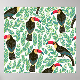 Toucans, tropische Blätter, dekorative Muster. Poster