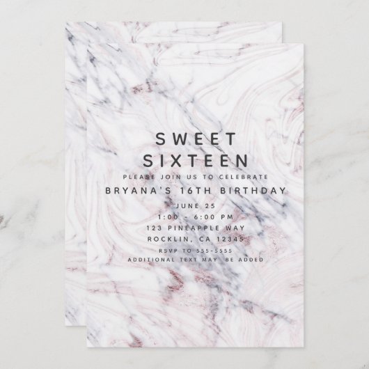 Touch der Rose Weißer grauer Marmor Swirl Sweet 16 Einladung (Vorne/Hinten)