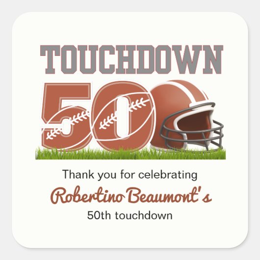 Touchdown 50 Funny Football 50. Geburtstag Quadratischer Aufkleber (Vorderseite)