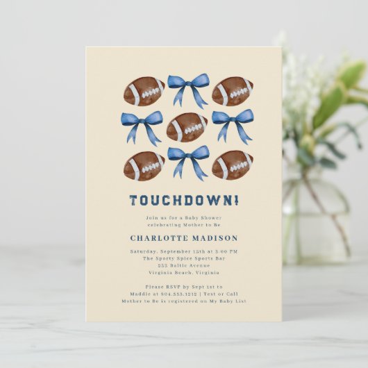 Touchdown Football and Bows Baby Shower Einladung (Stehend Vorderseite)