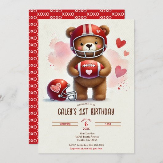 Touchdown Football Teddy Bear Valentine's Day Card Einladung (Vorne/Hinten)