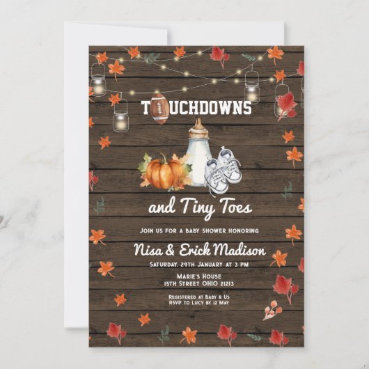 Touchdown Football Tiny Toes Pumpkin Baby Dusche Einladung (Vorderseite)