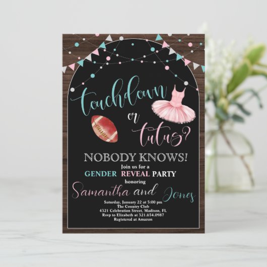 Touchdown oder Tutus Gender Reveal Party Einladung (Stehend Vorderseite)