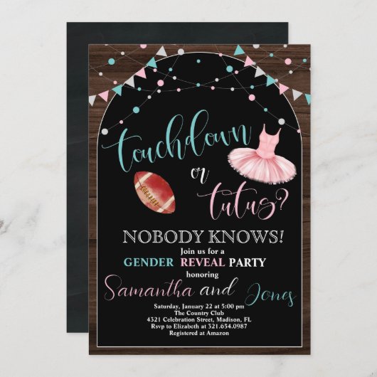 Touchdown oder Tutus Gender Reveal Party Einladung (Vorne/Hinten)