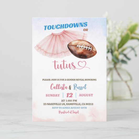 Touchdown- oder Tutus-Genderdarstellung Einladung (Stehend Vorderseite)