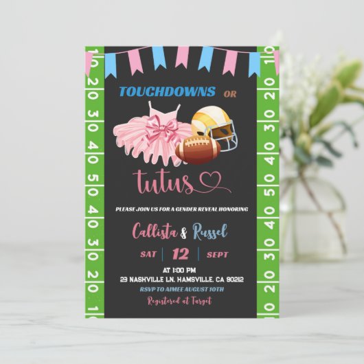 Touchdown- oder Tutus-Genderdarstellung Einladung (Stehend Vorderseite)