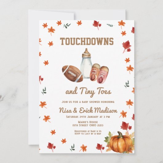 Touchdown Tiny Toes Football Couples Baby Dusche Einladung (Vorderseite)