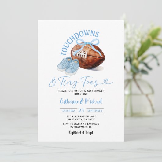 Touchdown & Tiny Toes Football Milk Baby Dusche Einladung (Stehend Vorderseite)