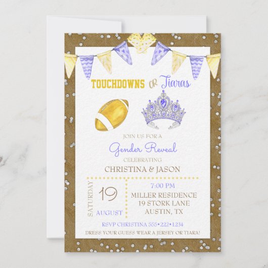 Touchdowns oder Tiaras Yellow Lila Gender Reveal Einladung (Vorderseite)