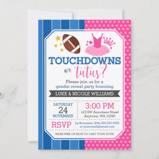Touchdowns oder Tutus Blue Pink Gender Reveal Part Einladung (Vorderseite)
