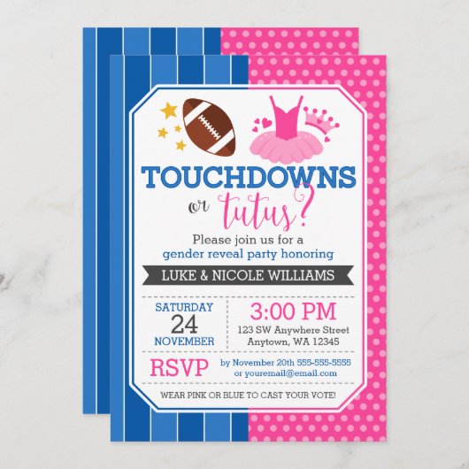 Touchdowns oder Tutus Blue Pink Gender Reveal Part Einladung (Vorne/Hinten)