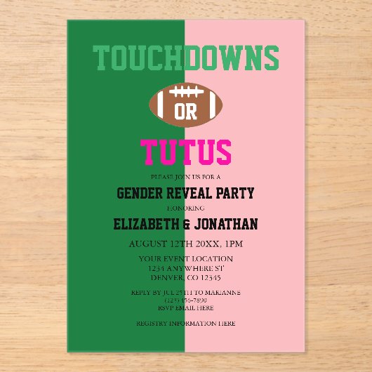 Touchdowns oder Tutus Gender Reveal Acryleinladungen (Vorderseite)