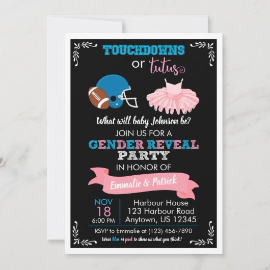 TOUCHDOWNS ODER TUTUS Gender Reveal Baby Shower Einladung (Vorderseite)