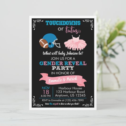 TOUCHDOWNS ODER TUTUS Gender Reveal Baby Shower Einladung (Stehend Vorderseite)