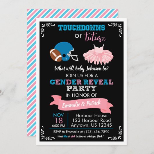 TOUCHDOWNS ODER TUTUS Gender Reveal Baby Shower Einladung (Vorne/Hinten)