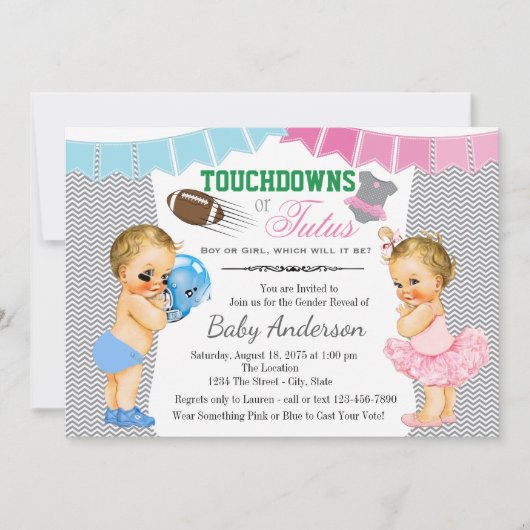 Touchdowns oder Tutus Gender Reveal Baby Shower Einladung (Vorderseite)