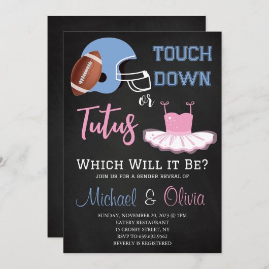 TOUCHDOWNS ODER TUTUS Gender Reveal Baby Shower Einladung (Vorne/Hinten)