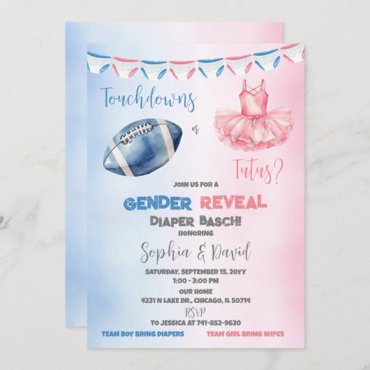 Touchdowns oder Tutus Gender Reveal Diaper Party Einladung (Vorne/Hinten)